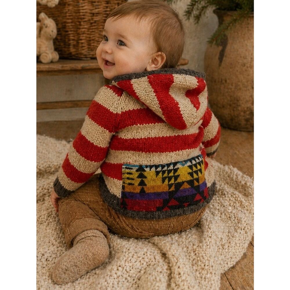 Baby Boden Lambswool Hooded Sweater Jacket Red Stripe Cozy Cabin Core 6–12M